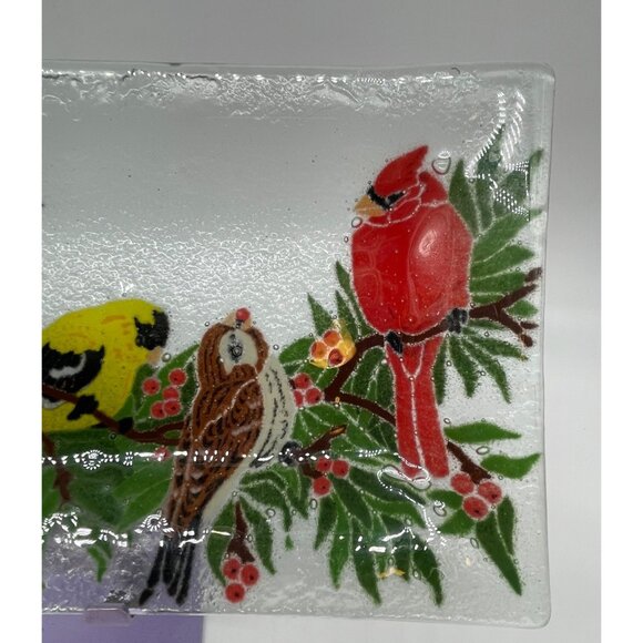 Peggy Karr Signed '05 Fused Glass Birds Holly Winter Design Approx 10"x 6" - Picture 4 of 11